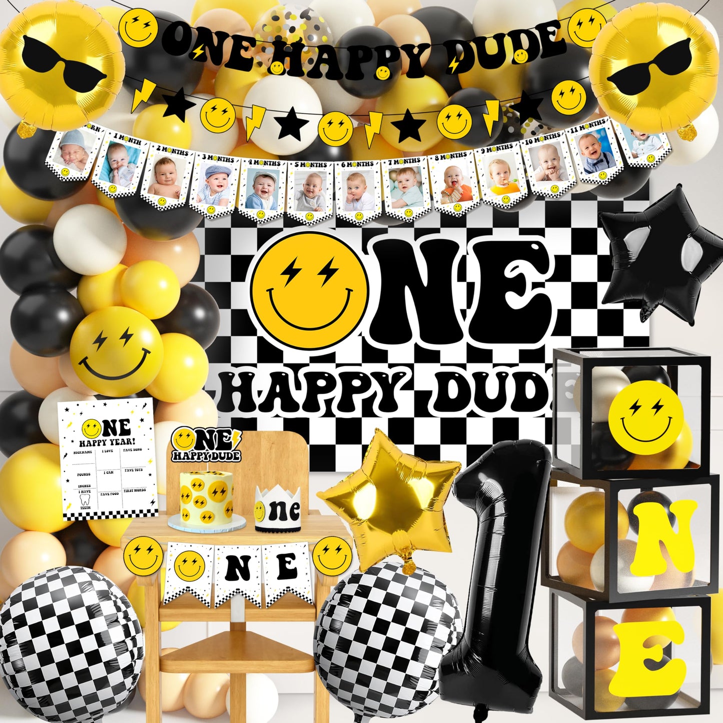 JOPHMO One Happy Dude 1st Birthday Party Pack – Black & Yellow Decor Kit