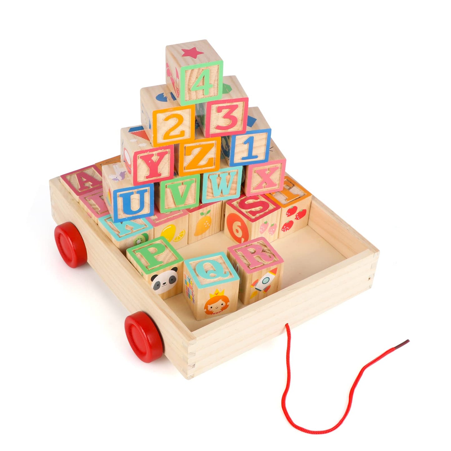 Joqutoys Wooden Building Blocks for Toddlers 1-3 | 30-Piece Alphabet & Number Blocks with Wagon