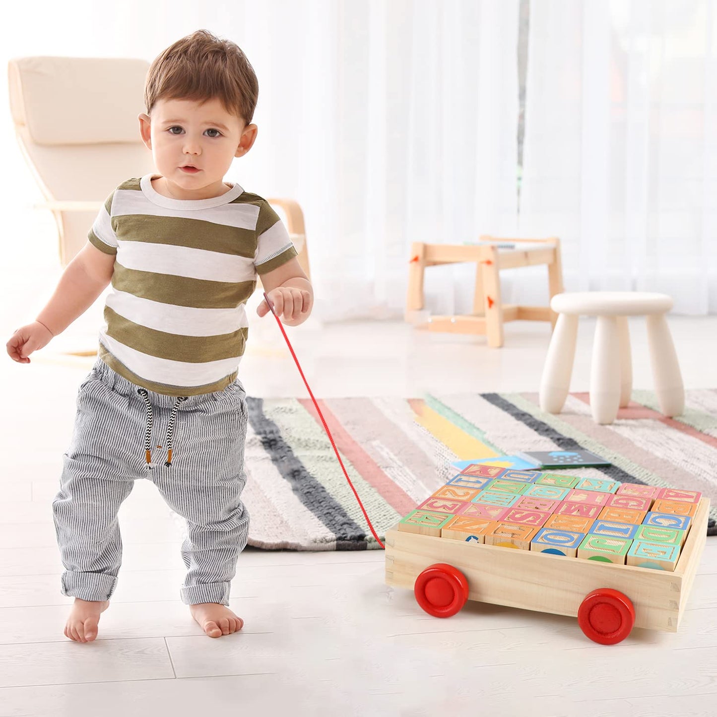 Joqutoys Wooden Building Blocks for Toddlers 1-3 | 30-Piece Alphabet & Number Blocks with Wagon