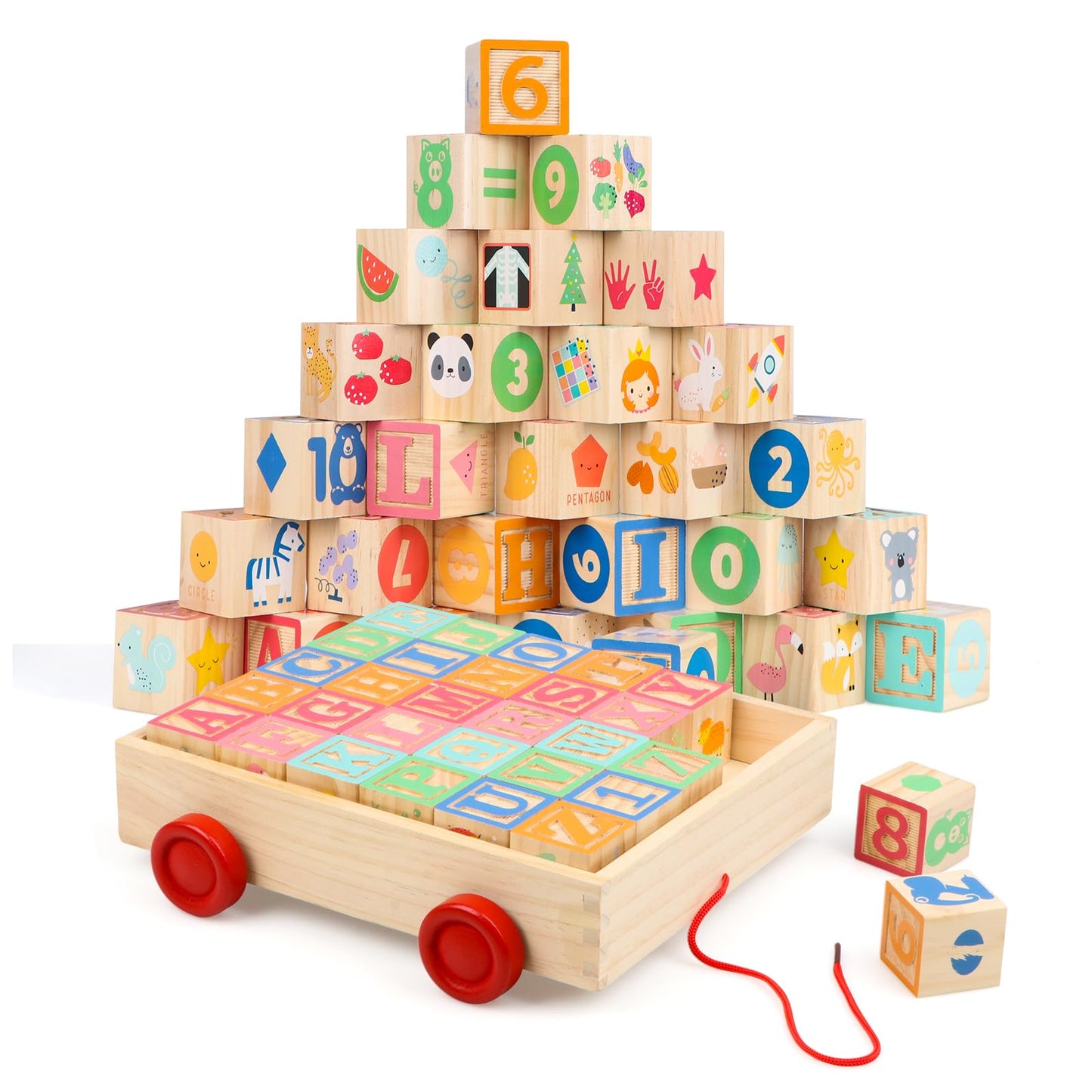 Joqutoys Wooden Building Blocks for Toddlers 1-3 | 30-Piece Alphabet & Number Blocks with Wagon