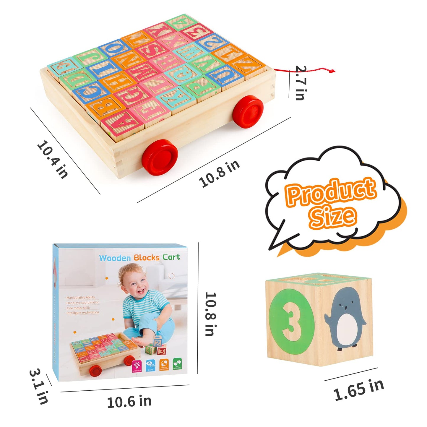 Joqutoys Wooden Building Blocks for Toddlers 1-3 | 30-Piece Alphabet & Number Blocks with Wagon