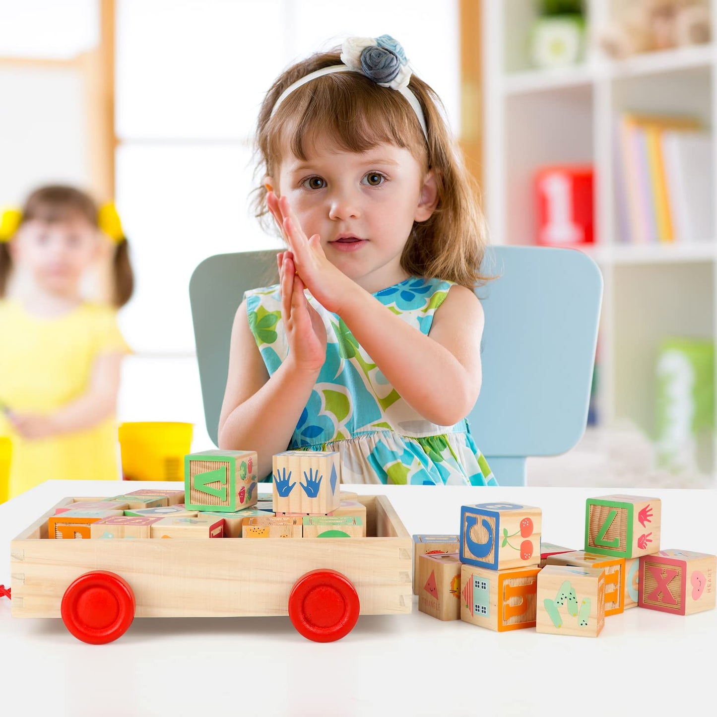 Joqutoys Wooden Building Blocks for Toddlers 1-3 | 30-Piece Alphabet & Number Blocks with Wagon