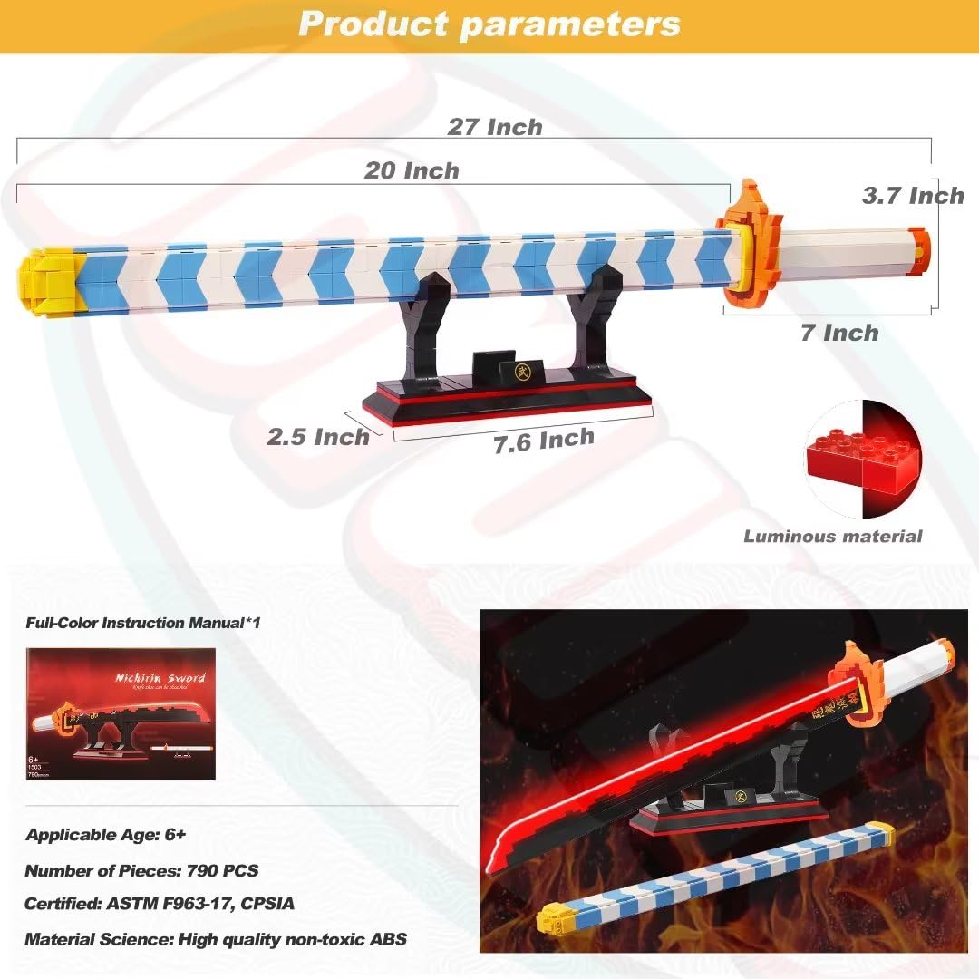 Jorumo Sword Building Set — 27in Rengoku Kyoujurou Sword with Scabbard & Stand | Luminous Anime Block Collectible (790 Pieces)