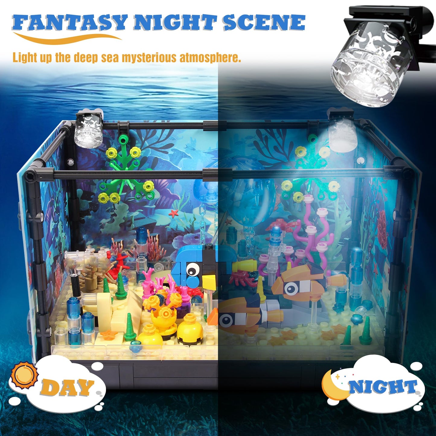 Jorumo Fish Tank Building Block Set with Lighting – Atlantis Ocean Scene, 725pcs
