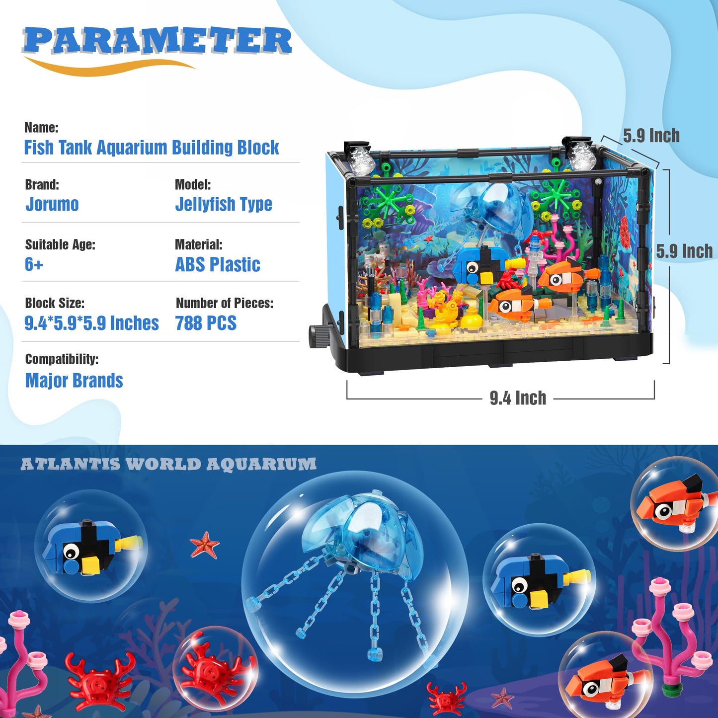 Jorumo Fish Tank Building Block Set with Lighting – Atlantis Ocean Scene, 725pcs
