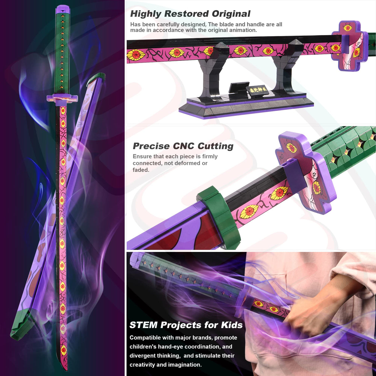 Jorumo Kokushibo Sword Building Set – 39in, 789-Piece Anime Cosplay Sword with Scabbard & Stand
