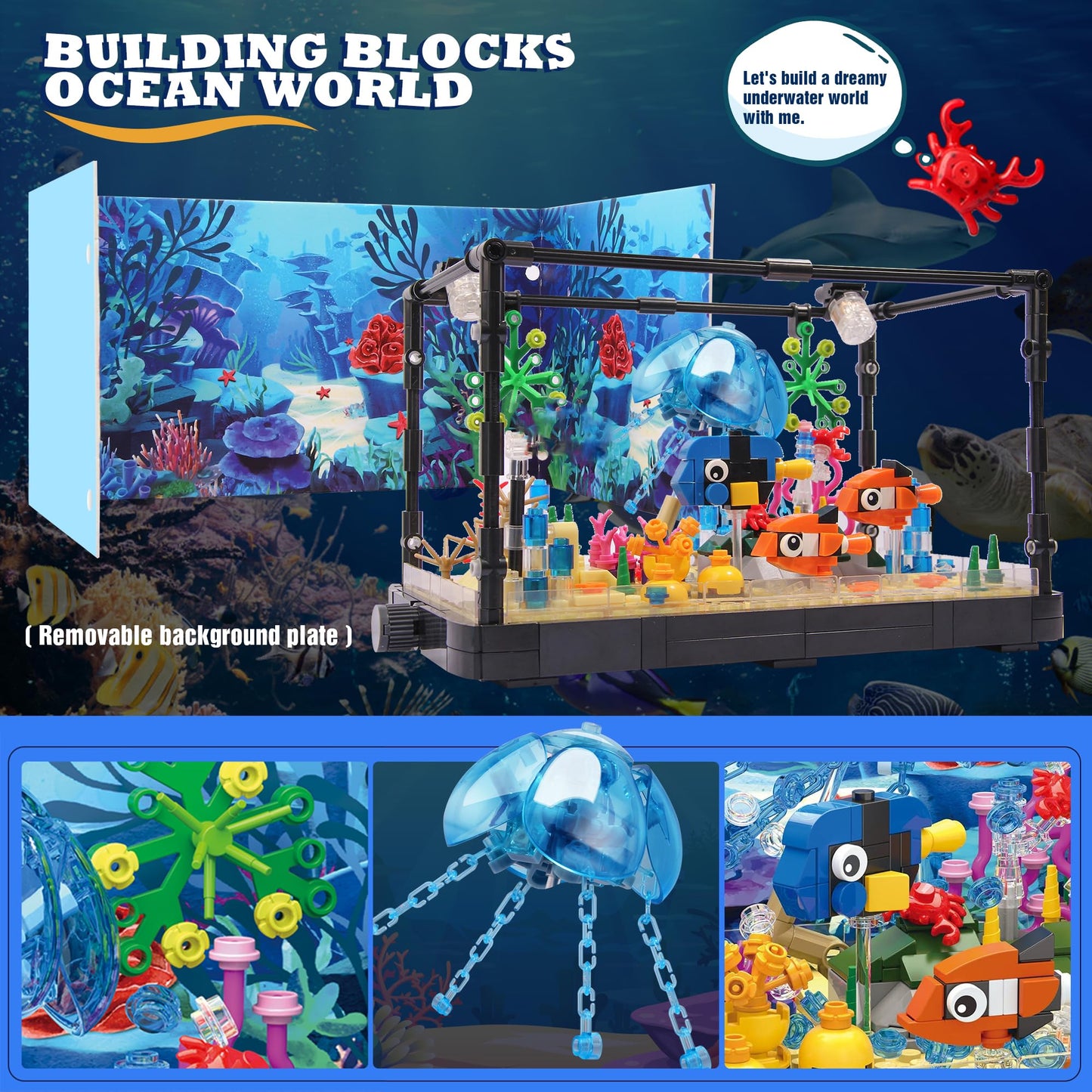 Jorumo Fish Tank Building Block Set with Lighting – Atlantis Ocean Scene, 725pcs