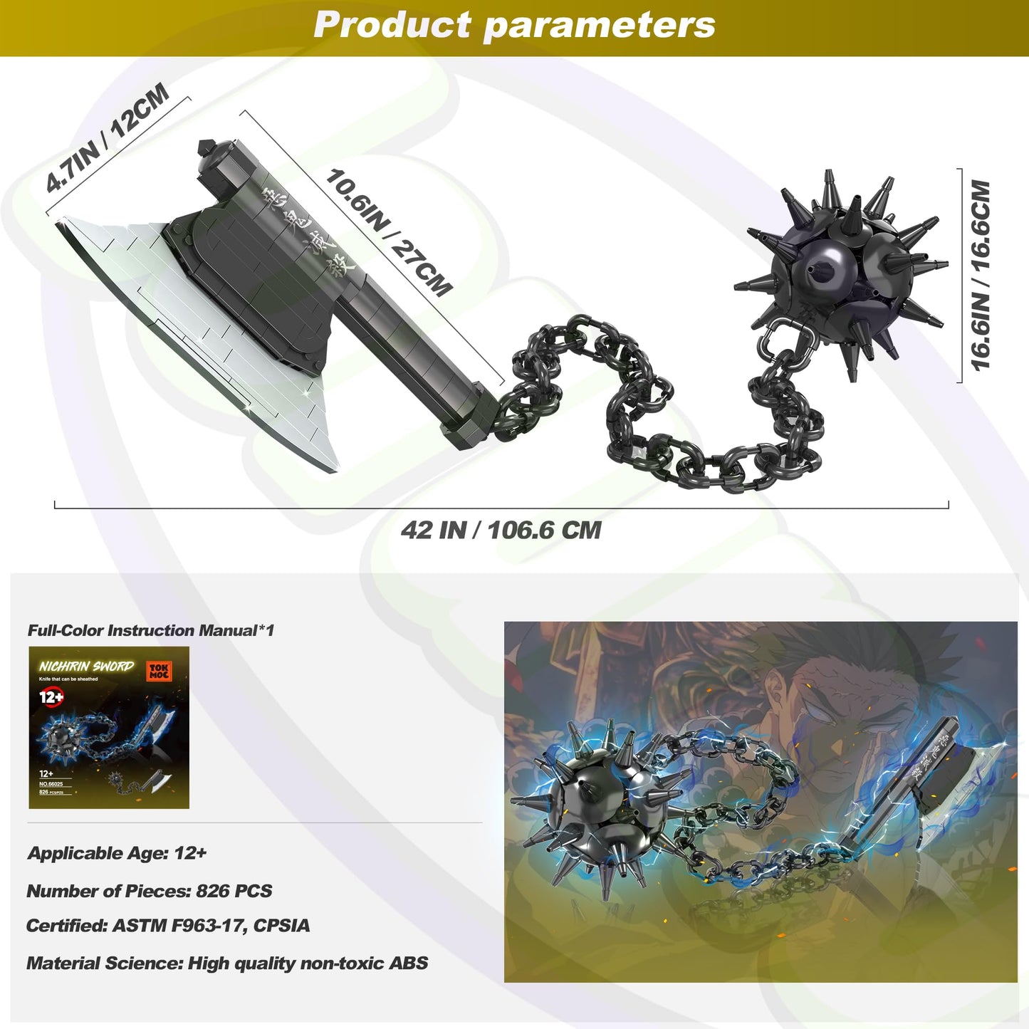 Jorumo Swords Building Sets for Adults – 42in Gyomei Axe & Meteor Hammer (826 Pcs)