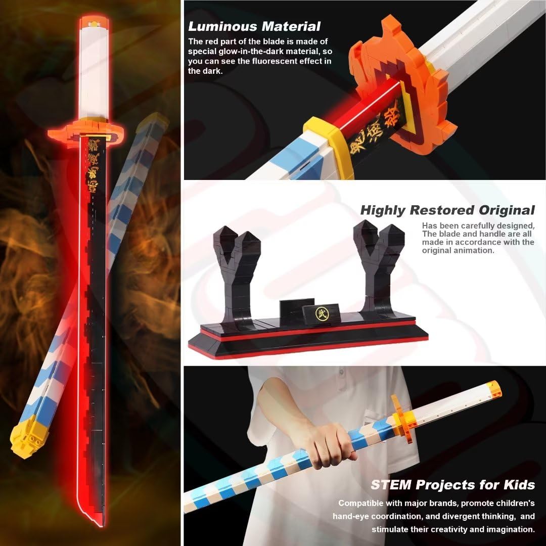 Jorumo Sword Building Set — 27in Rengoku Kyoujurou Sword with Scabbard & Stand | Luminous Anime Block Collectible (790 Pieces)