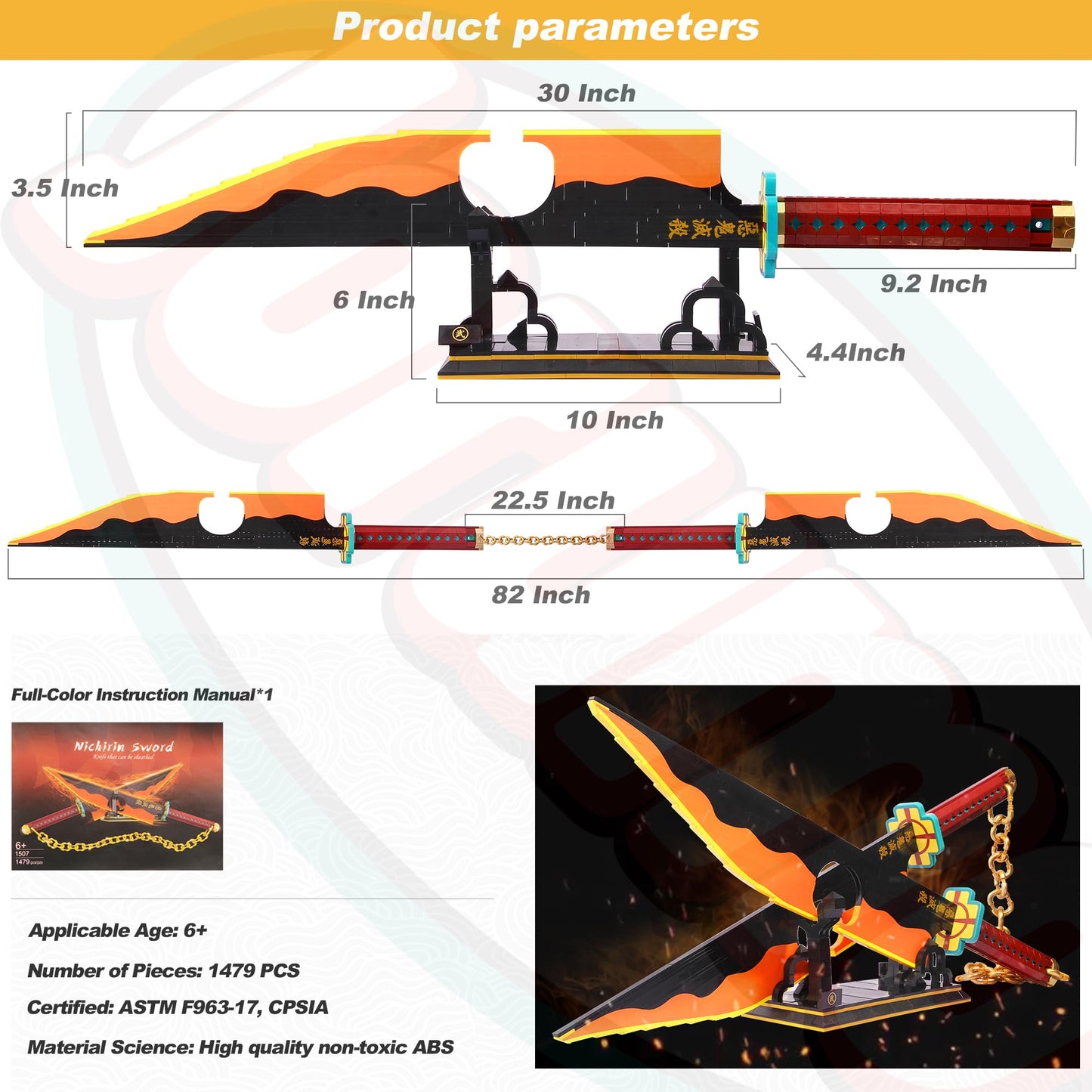 Jorumo Sword Building Set – 82in Double Blade Tengen Uzui Sword with Stand | 1478 Pcs Cosplay Collectible