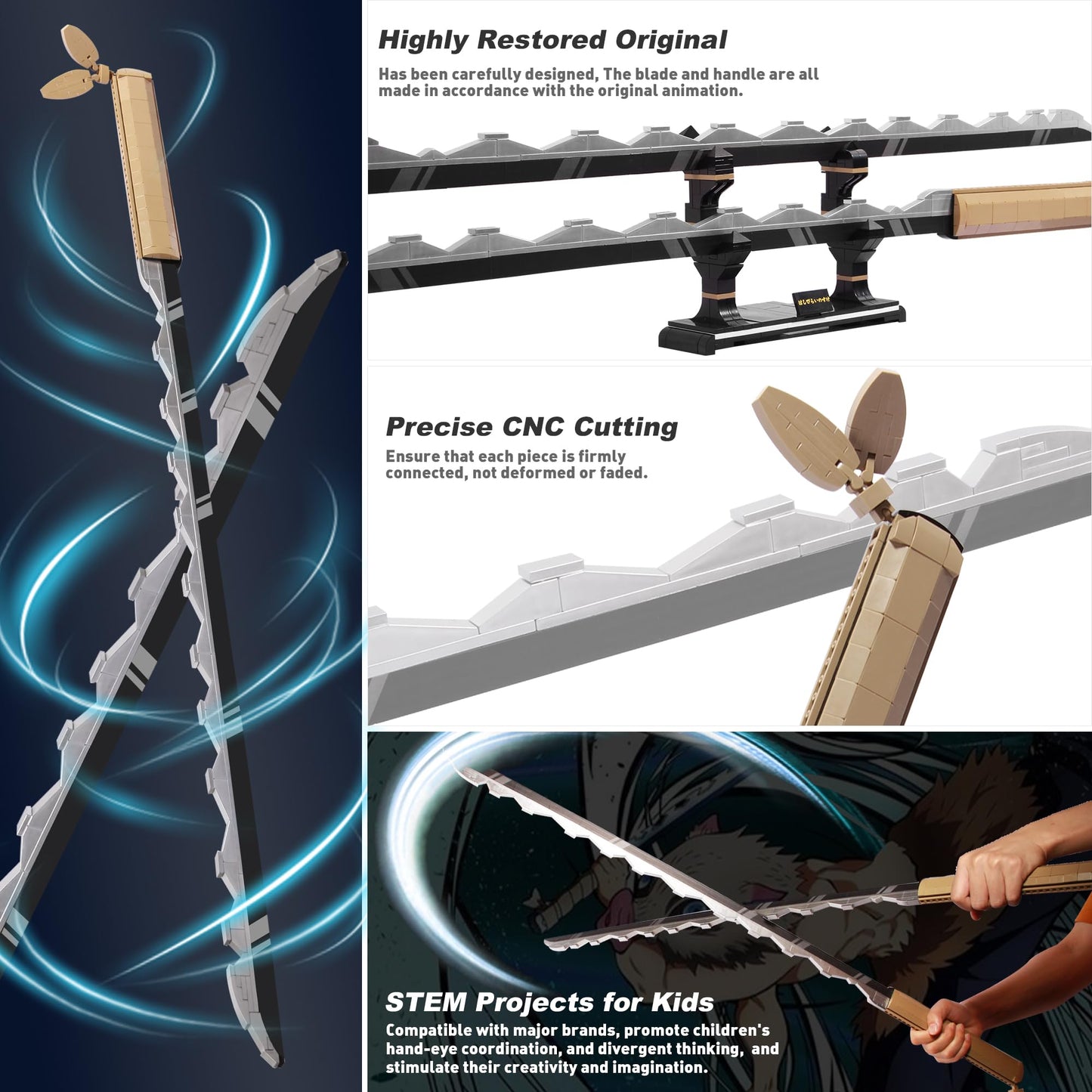 Jorumo Swords Building Set - 40in Hashibira Inosuke Dual-Sword with Stand, 838 Pieces, For Ages 8-12
