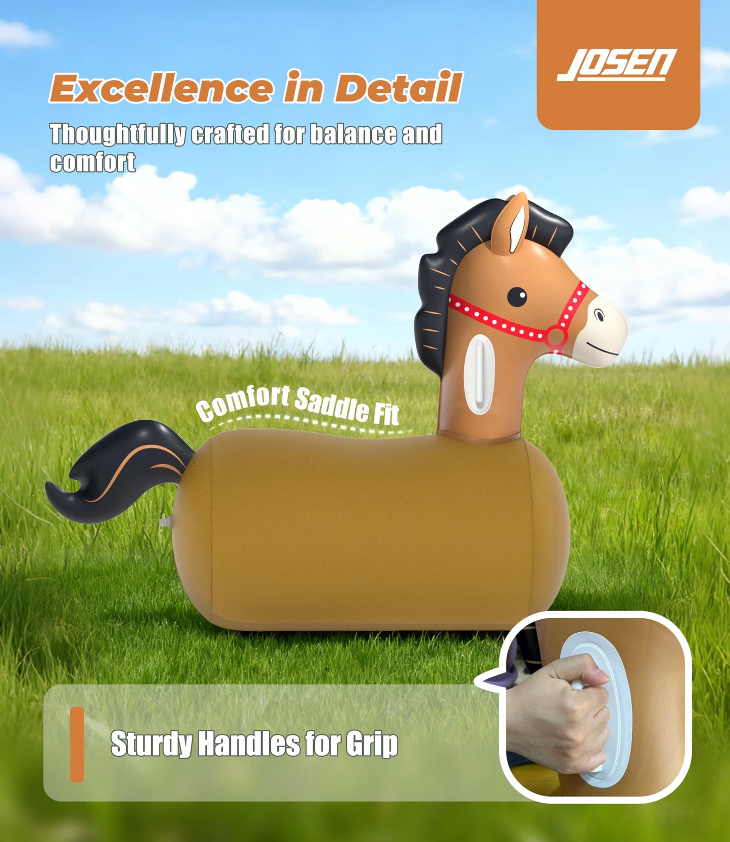 JOSEN Bouncy Horse Hopper – Giant Indoor/Outdoor Inflatable Ride-On (Up to 220 lbs)