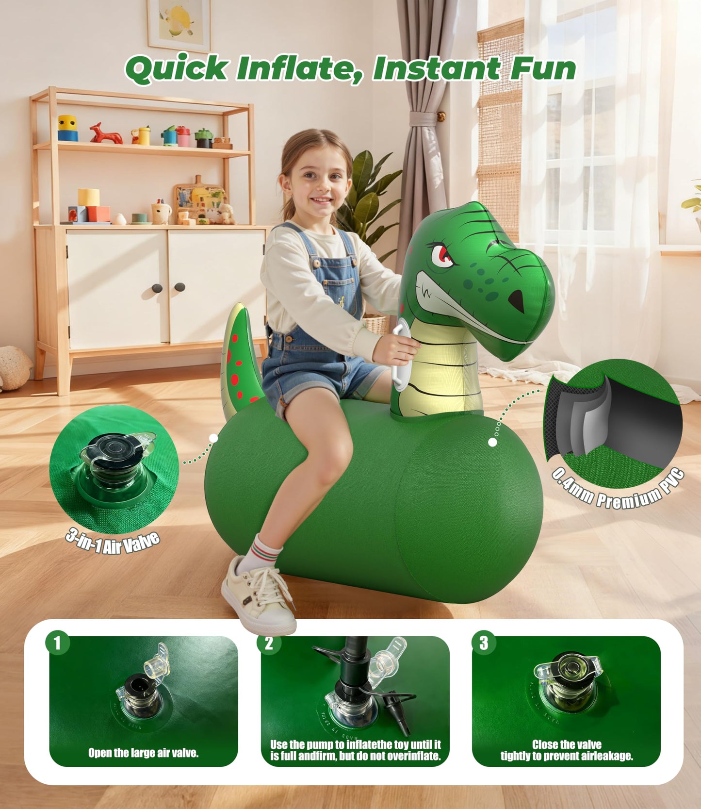 JOSEN Bouncy Hopper Giant Dinosaur Ride-On Toy — Inflatable Indoor/Outdoor Bouncer for Kids & Teens Up to 220 lbs