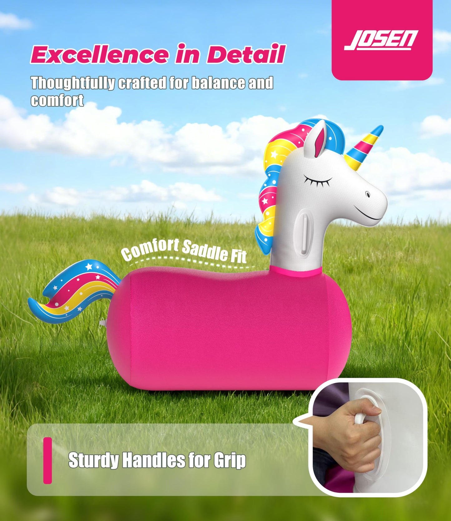 JOSEN Giant Unicorn Bouncy Hopper – Inflatable Ride-On Toy for Indoor & Outdoor Fun (Up to 220 lbs)