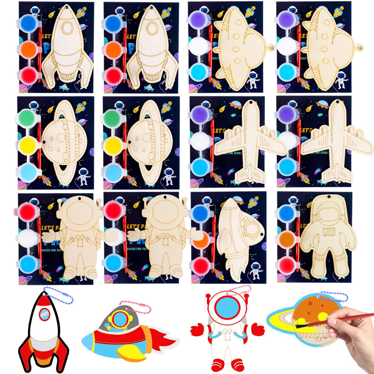 JOTIKO 12 Pack Space Party Favors — Wooden Keychain Painting Kits for Kids