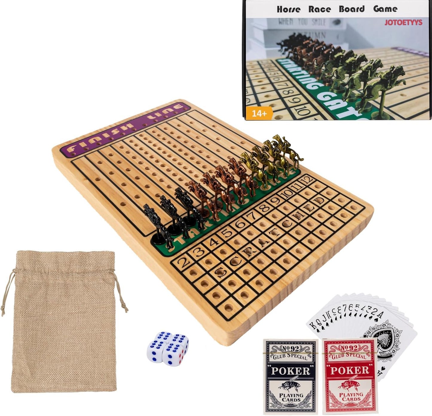 JOTOETYYS Horse Race Board Game – 11 Luxury Metal Horses, 4 Dice, Thick Wood Board for 2–11 Players