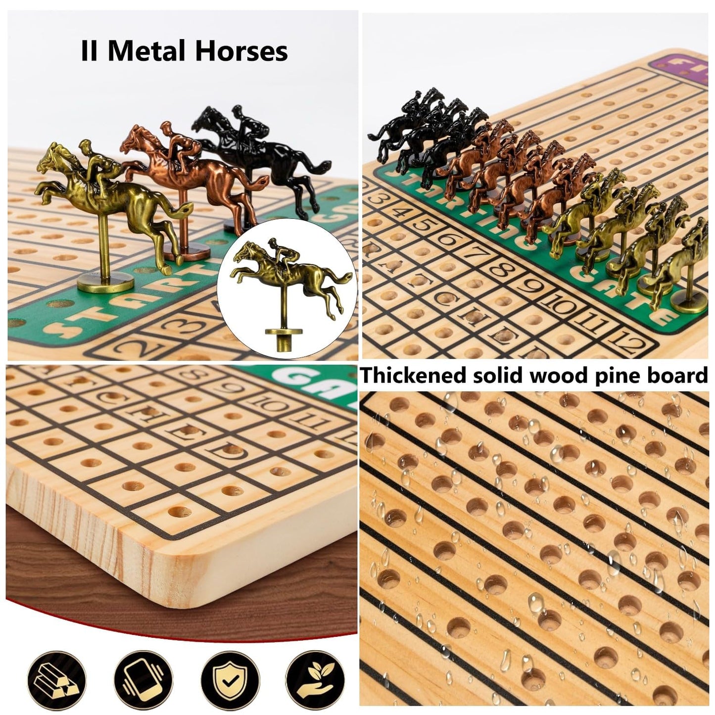 JOTOETYYS Horse Race Board Game – 11 Luxury Metal Horses, 4 Dice, Thick Wood Board for 2–11 Players
