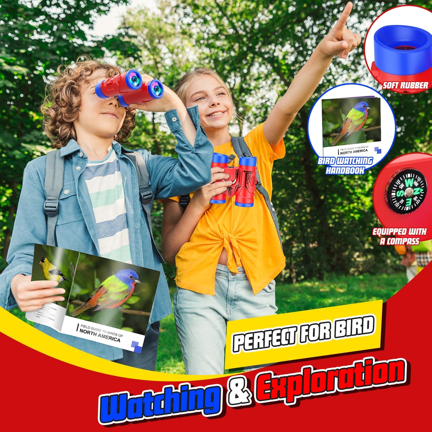 JovialToyz Kids Binoculars 4x30 with Compass – Outdoor Learning Gift for Ages 3-8