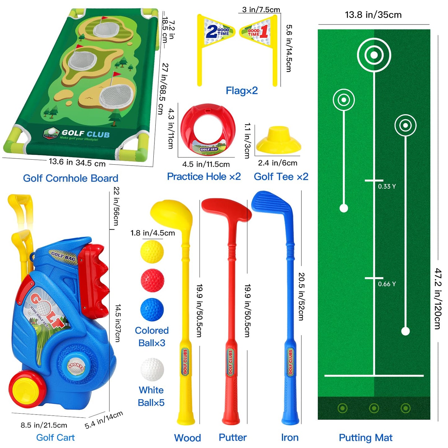 Jovizo Toddler Golf Set for Boys & Girls 2-5 Years – Portable Golf Cart, Putting Mat & Cornhole Board (Blue)