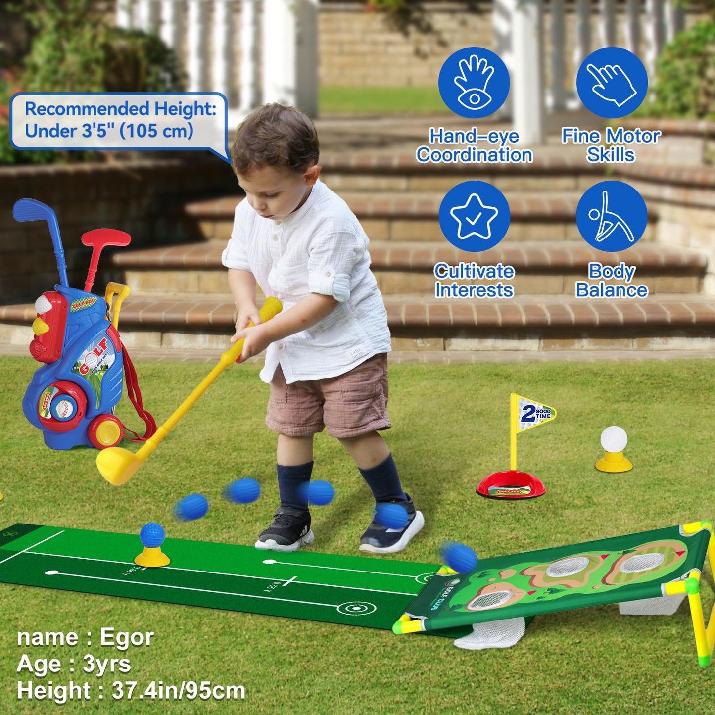 Jovizo Toddler Golf Set for Boys & Girls 2-5 Years – Portable Golf Cart, Putting Mat & Cornhole Board (Blue)