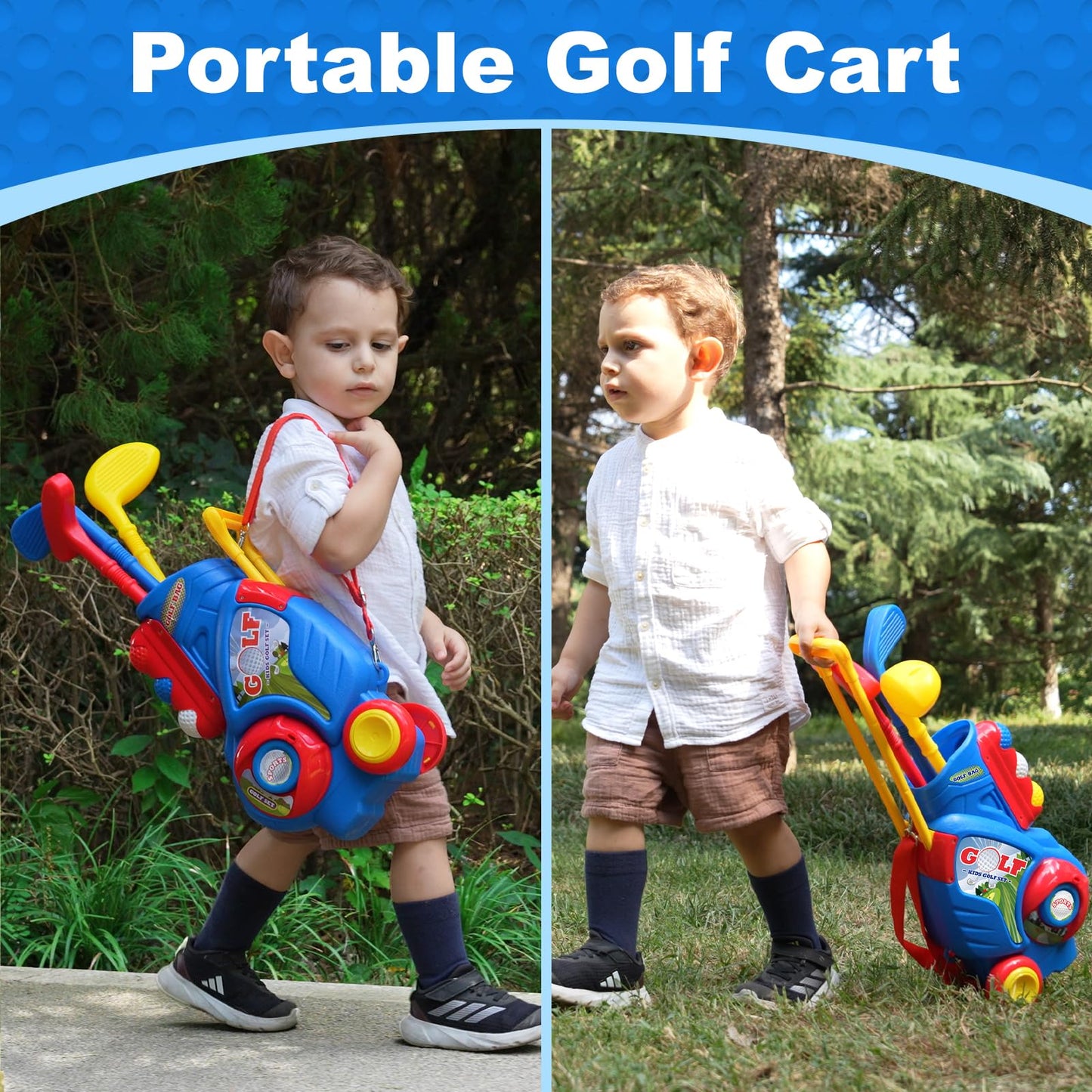 Jovizo Toddler Golf Set for Boys & Girls 2-5 Years – Portable Golf Cart, Putting Mat & Cornhole Board (Blue)