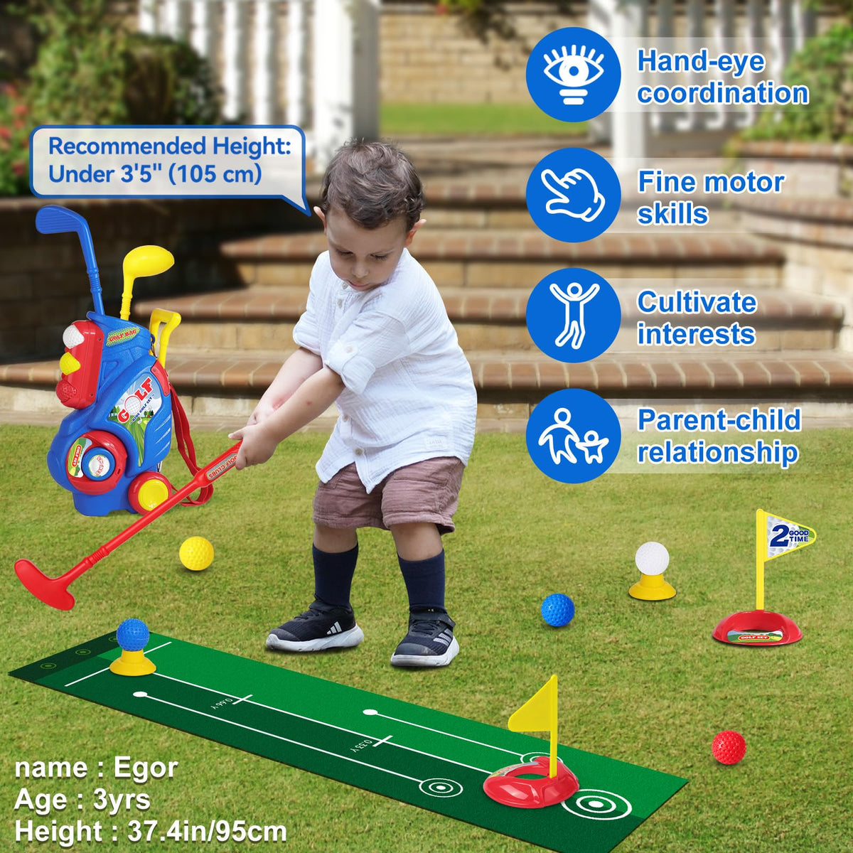 Jovizo Toddler Golf Set – 2-5 Years, Cart & Putting Mat, Indoor/Outdoor Fun