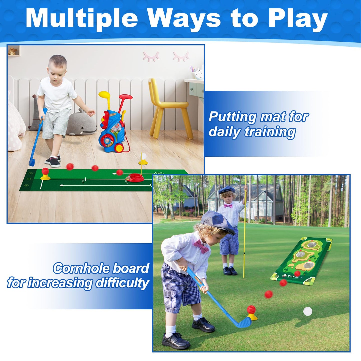 Jovizo Toddler Golf Set for Boys & Girls 2-5 Years – Portable Golf Cart, Putting Mat & Cornhole Board (Blue)