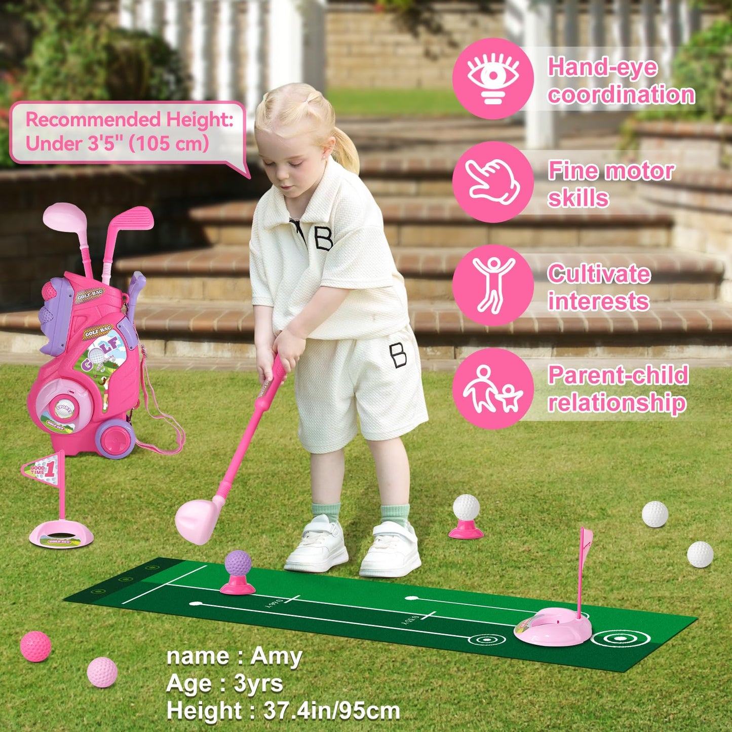Jovizo Toddler Golf Set – Pink Cart & Putting Mat for Ages 2–4