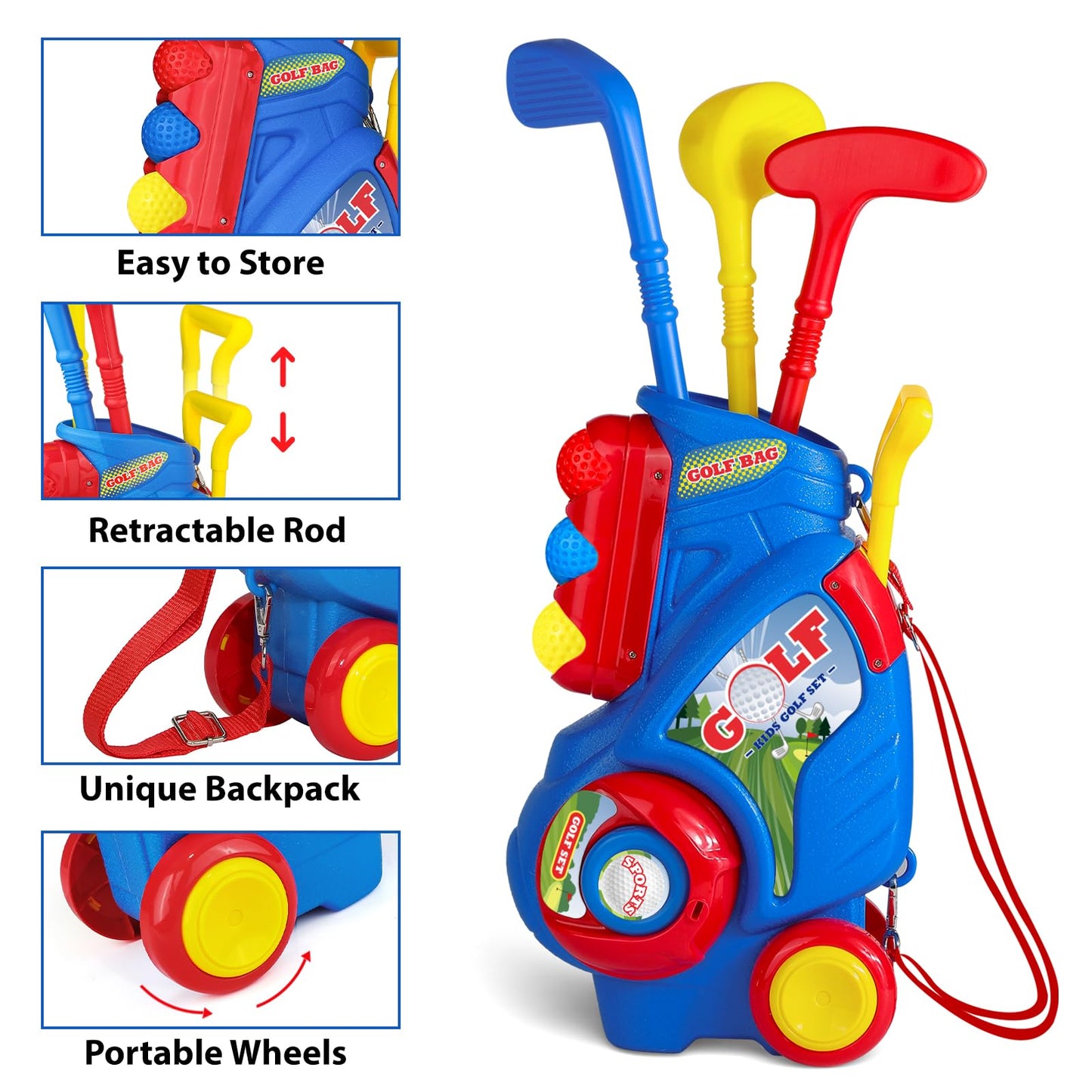 Jovizo Toddler Golf Set for Boys & Girls 2-5 Years – Portable Golf Cart, Putting Mat & Cornhole Board (Blue)