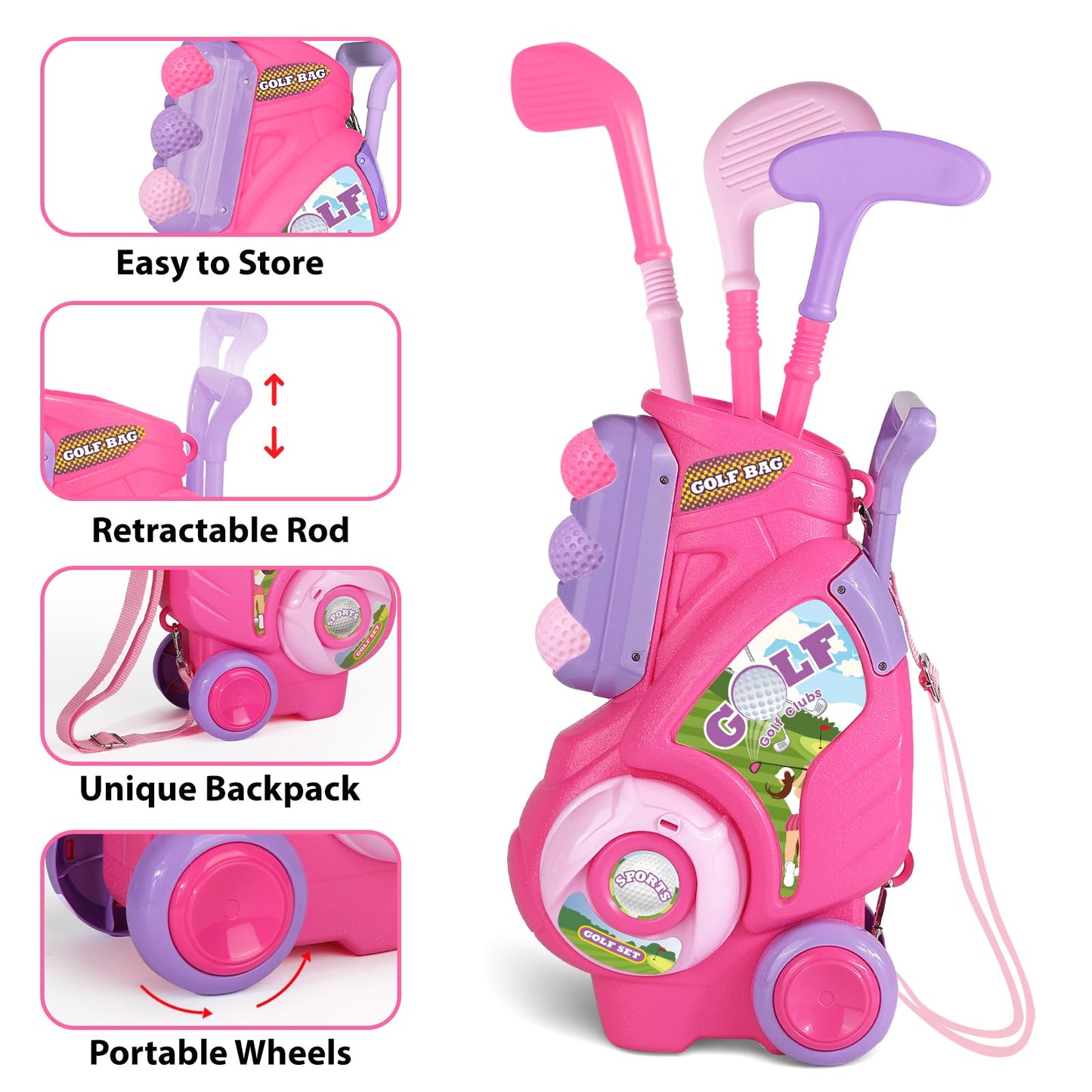 Jovizo Toddler Golf Set – For Ages 2-4, Pink Cart, 3 Clubs & 8 Balls