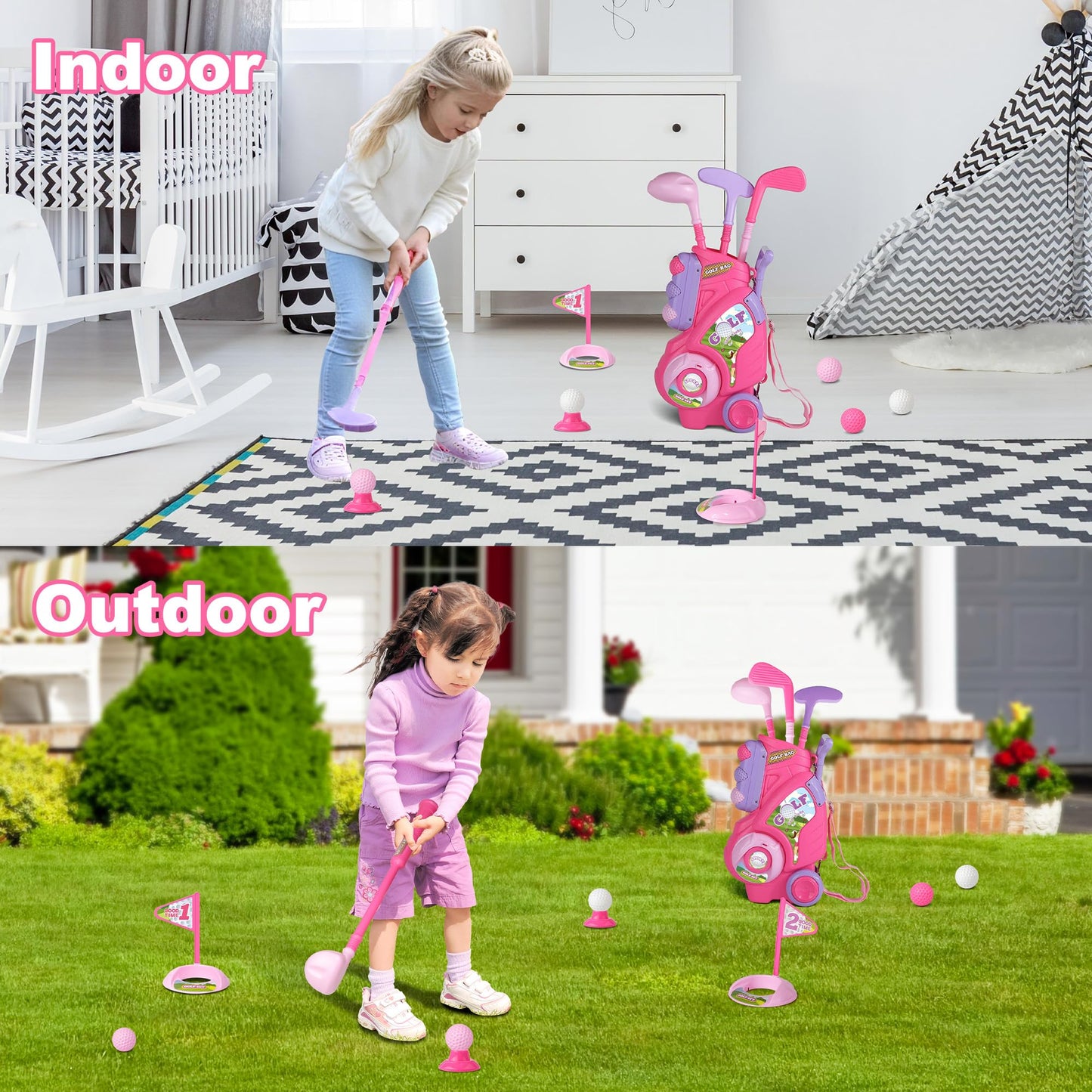 Jovizo Toddler Golf Set – For Ages 2-4, Pink Cart, 3 Clubs & 8 Balls