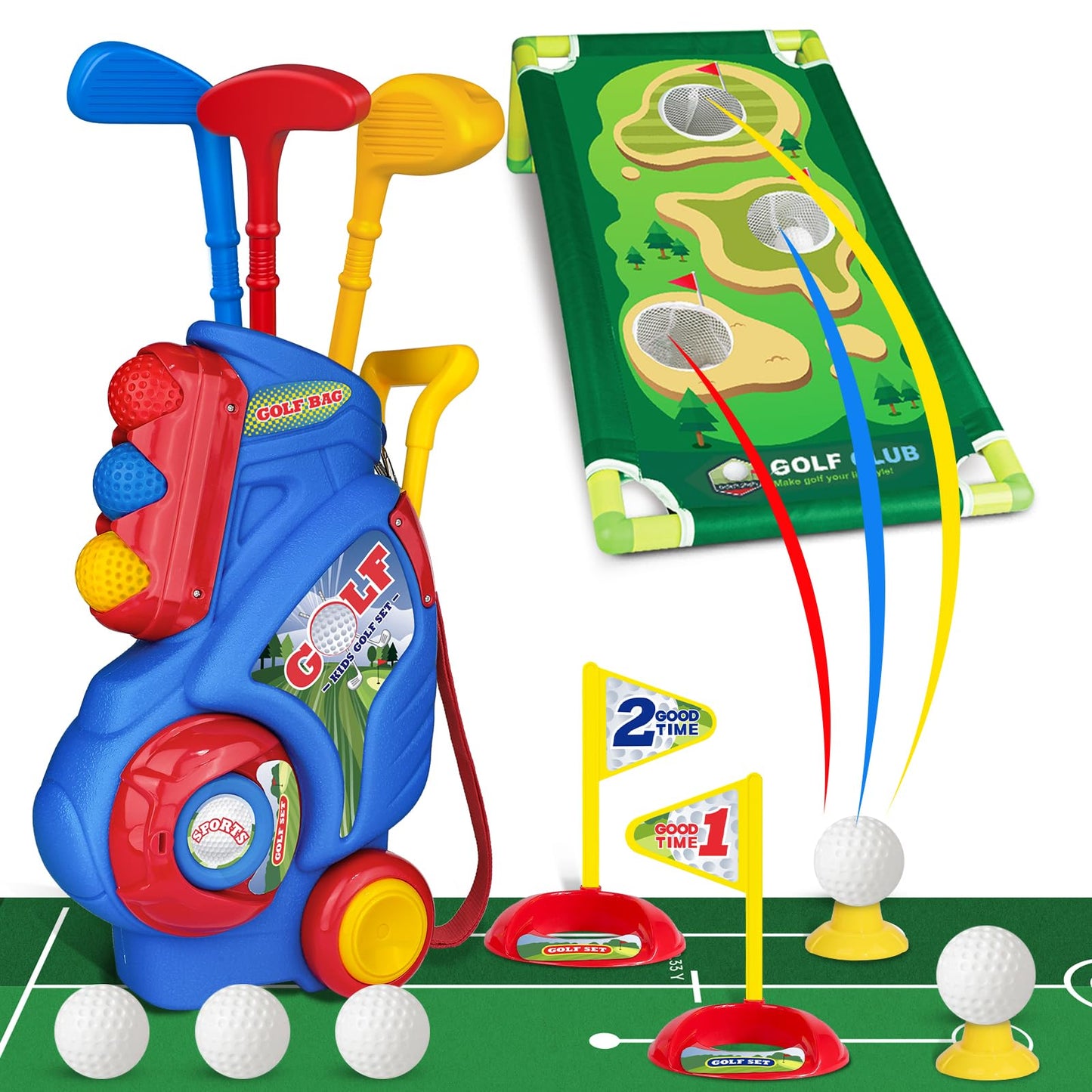 Jovizo Toddler Golf Set for Boys & Girls 2-5 Years – Portable Golf Cart, Putting Mat & Cornhole Board (Blue)