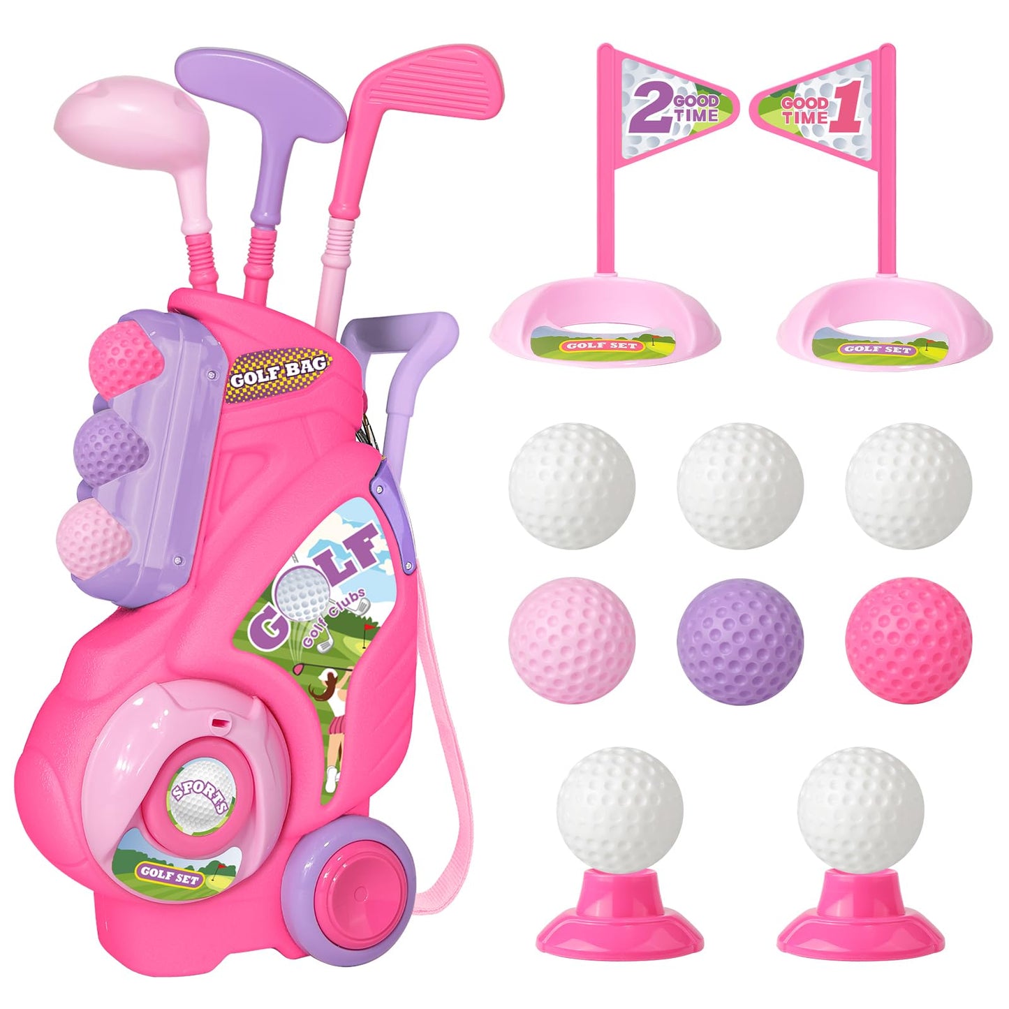 Jovizo Toddler Golf Set – For Ages 2-4, Pink Cart, 3 Clubs & 8 Balls