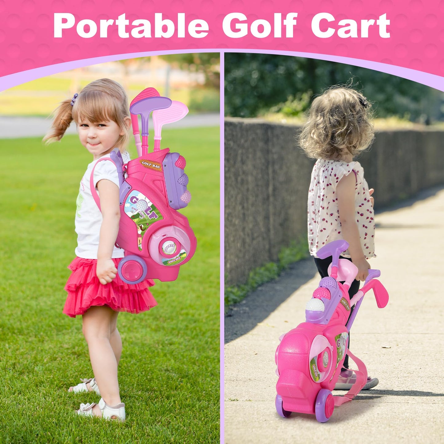 Jovizo Toddler Golf Set – For Ages 2-4, Pink Cart, 3 Clubs & 8 Balls