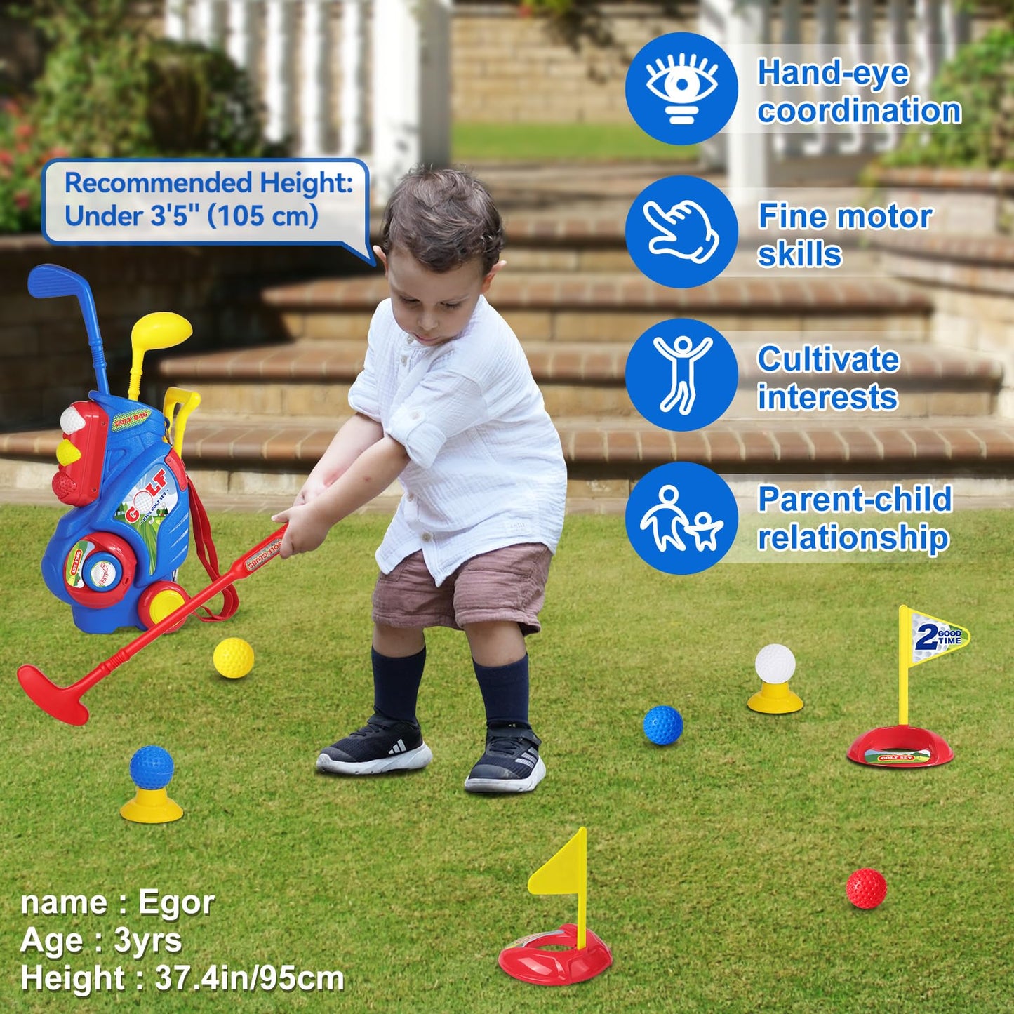 Jovizo Toddler Golf Set for Kids 2–5 | 3 Clubs & 8 Balls | Safe Portable Golf Cart