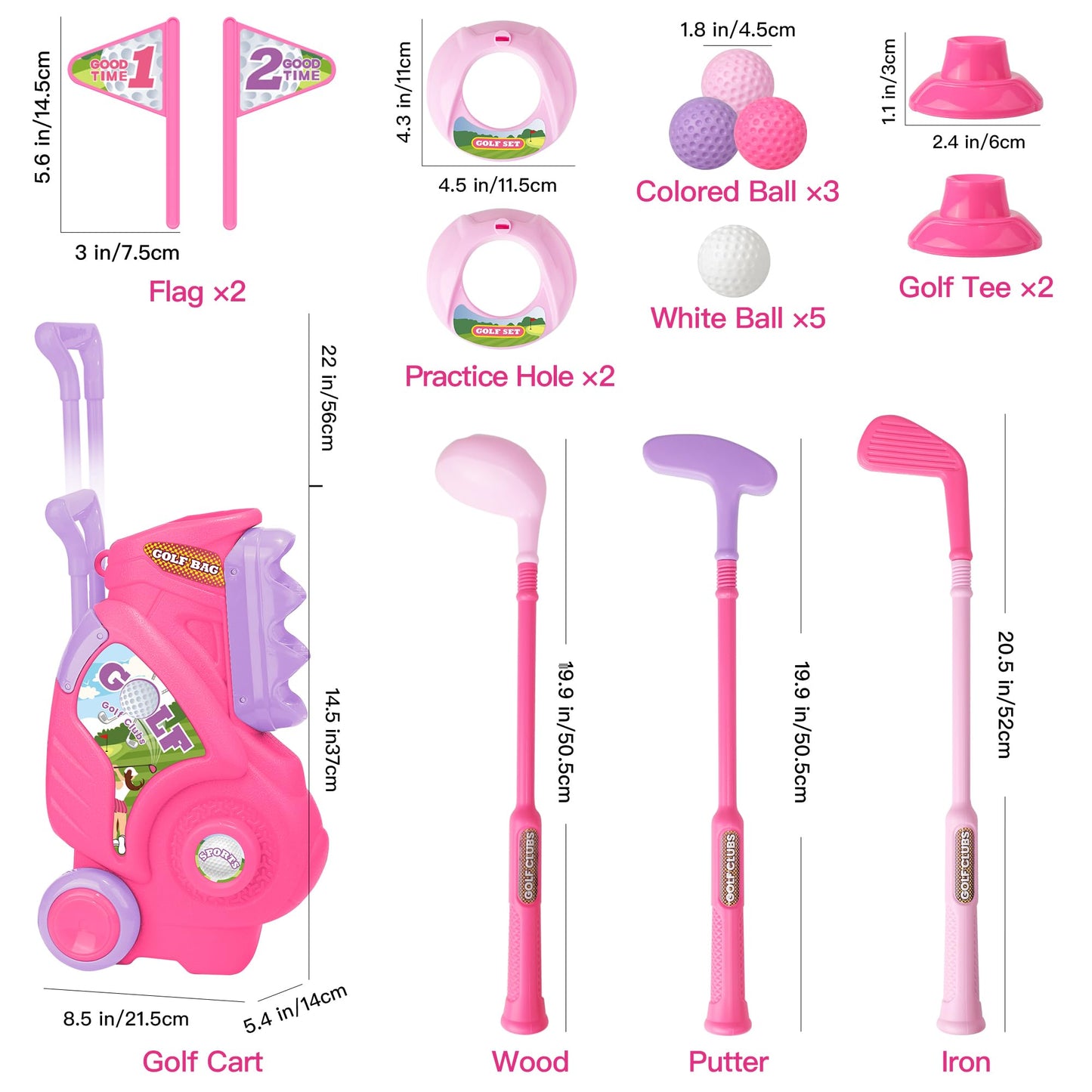 Jovizo Toddler Golf Set – For Ages 2-4, Pink Cart, 3 Clubs & 8 Balls