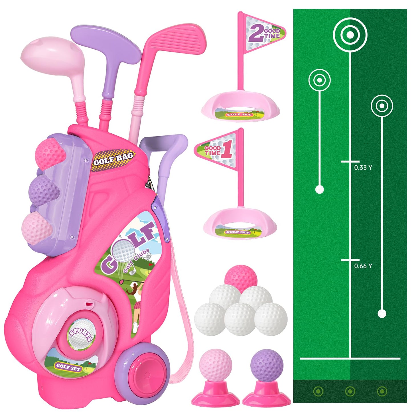 Jovizo Toddler Golf Set – Pink Cart & Putting Mat for Ages 2–4