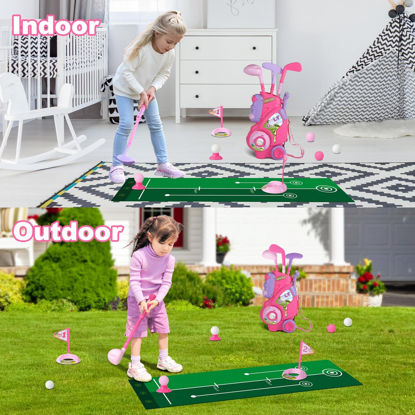 Jovizo Toddler Golf Set – Pink Cart & Putting Mat for Ages 2–4