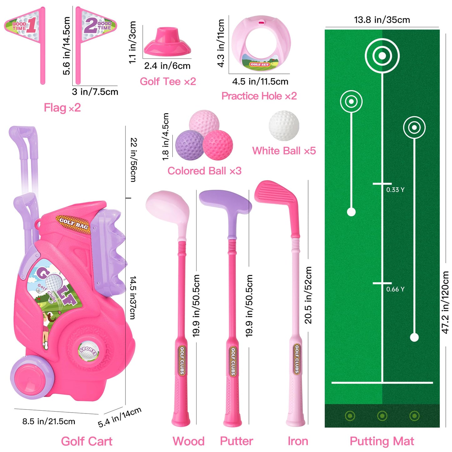 Jovizo Toddler Golf Set – Pink Cart & Putting Mat for Ages 2–4