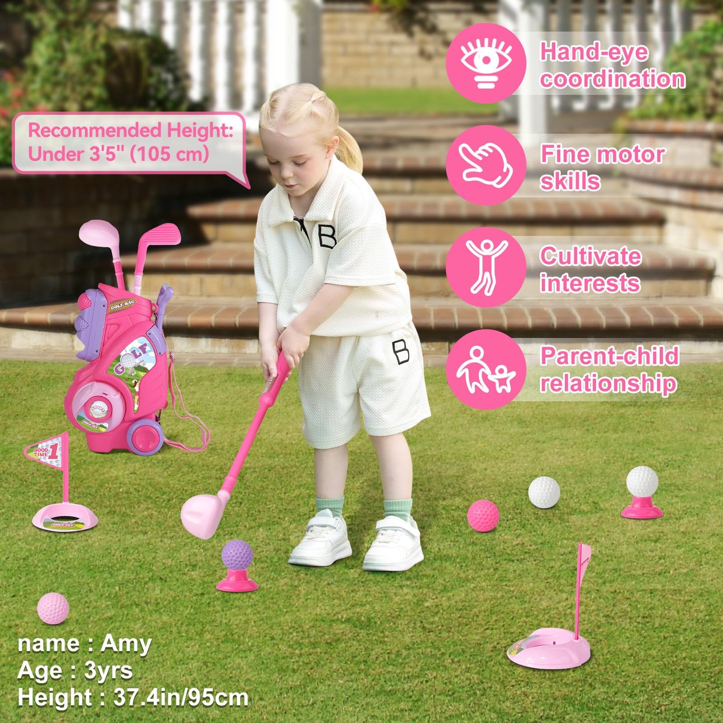 Jovizo Toddler Golf Set – For Ages 2-4, Pink Cart, 3 Clubs & 8 Balls