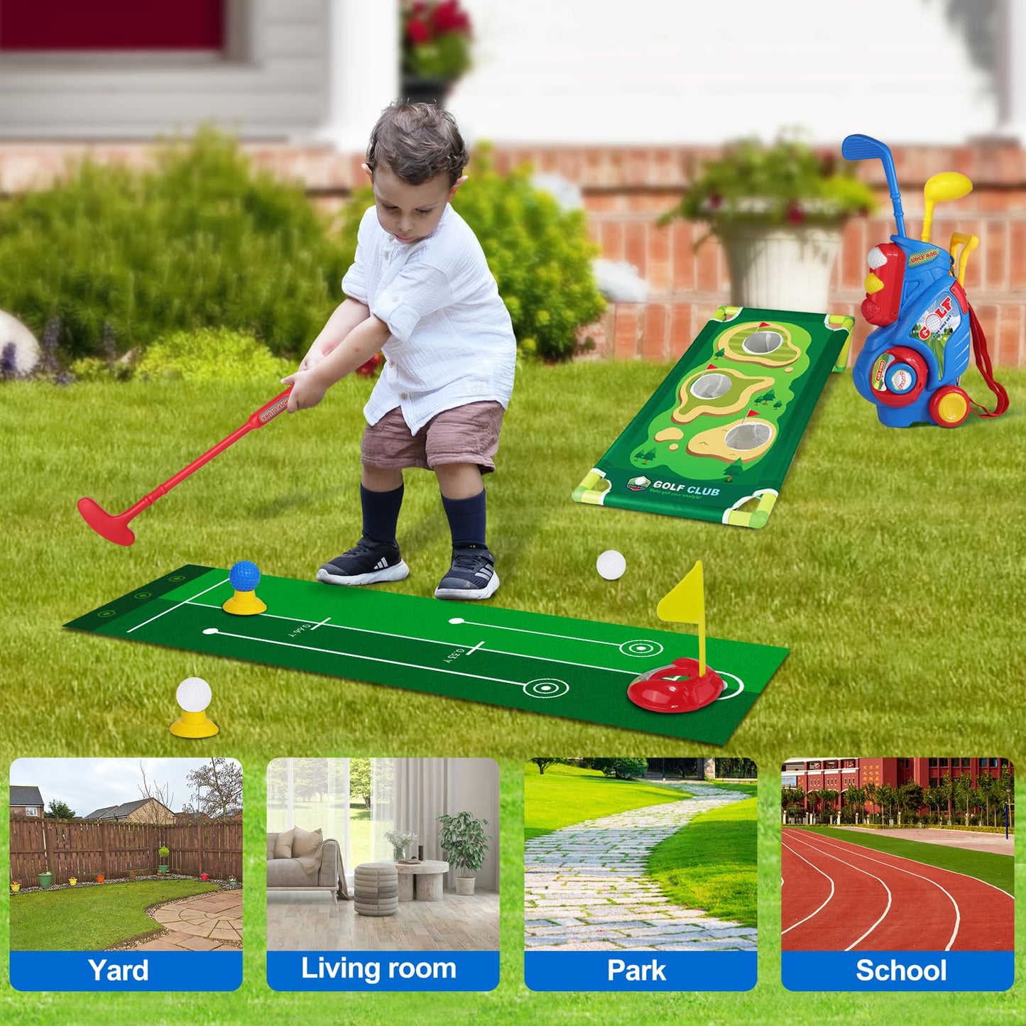 Jovizo Toddler Golf Set for Boys & Girls 2-5 Years – Portable Golf Cart, Putting Mat & Cornhole Board (Blue)