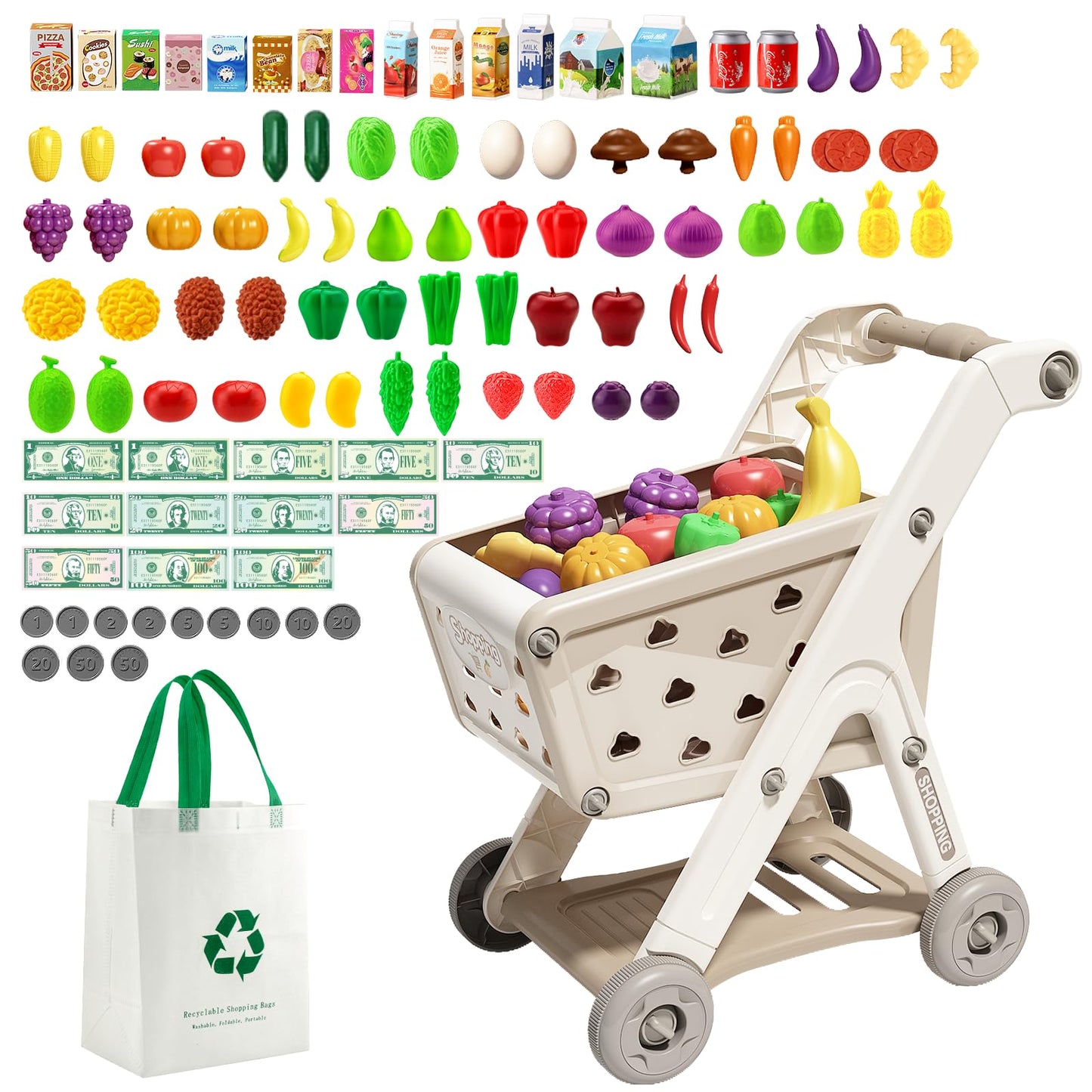 Jovow 102pcs Kids Shopping Cart Trolley Play Set with Pretend Food and Accessories – Ages 3+ (Khaki)