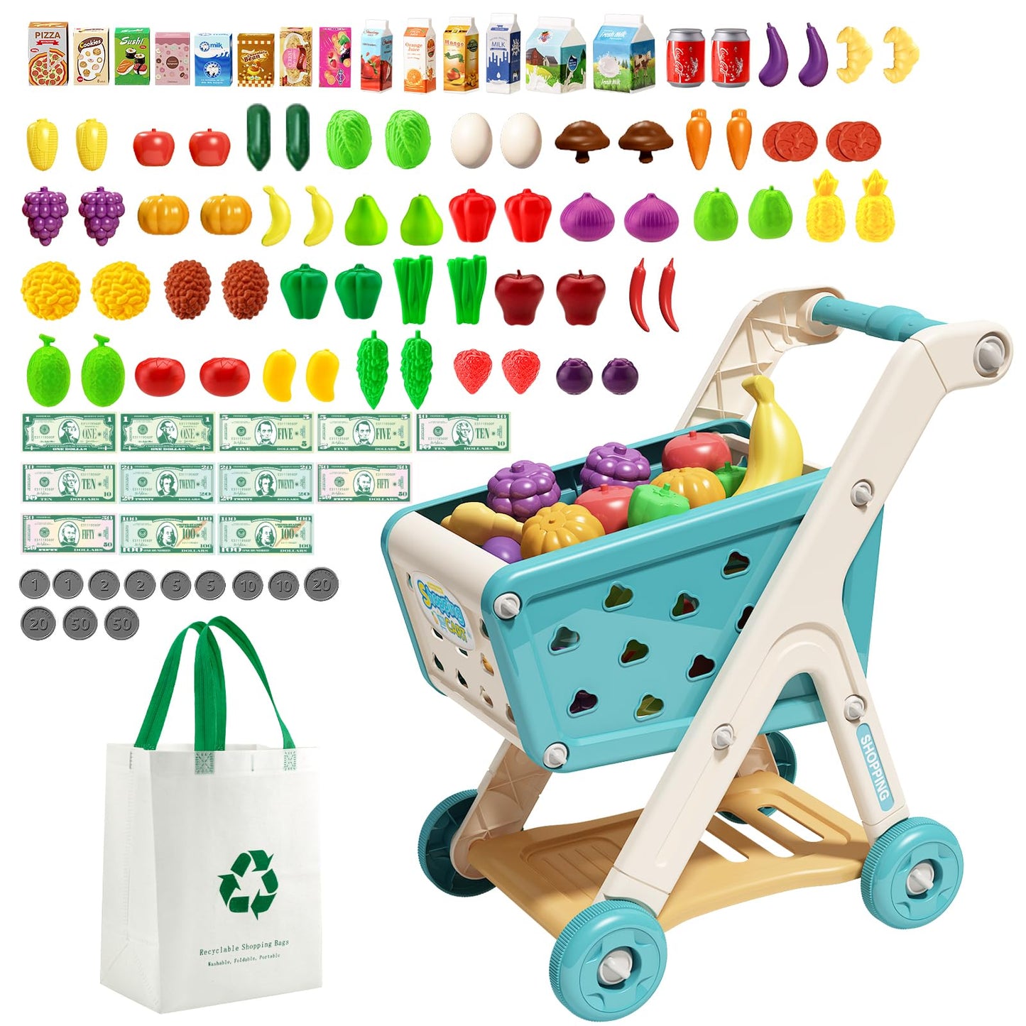 Jovow 102pcs Kids Shopping Cart Play Set with Pretend Food – Ages 3+