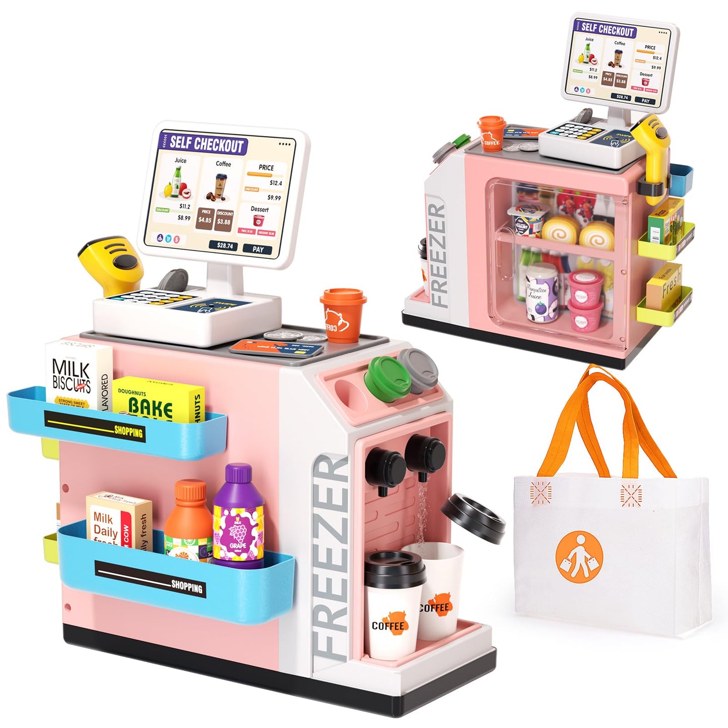 Jovow 48-Piece Pretend Play Cash Register Set with Water Outlet — 2-in-1 Grocery & Coffee Shop (Pink), Ages 3+