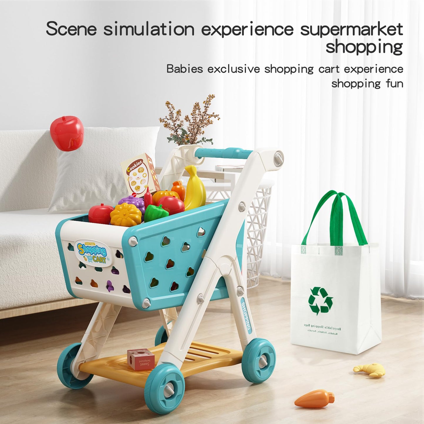 Jovow 102pcs Kids Shopping Cart Play Set with Pretend Food – Ages 3+