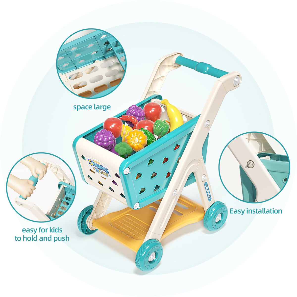 Jovow 102pcs Kids Shopping Cart Play Set with Pretend Food – Ages 3+