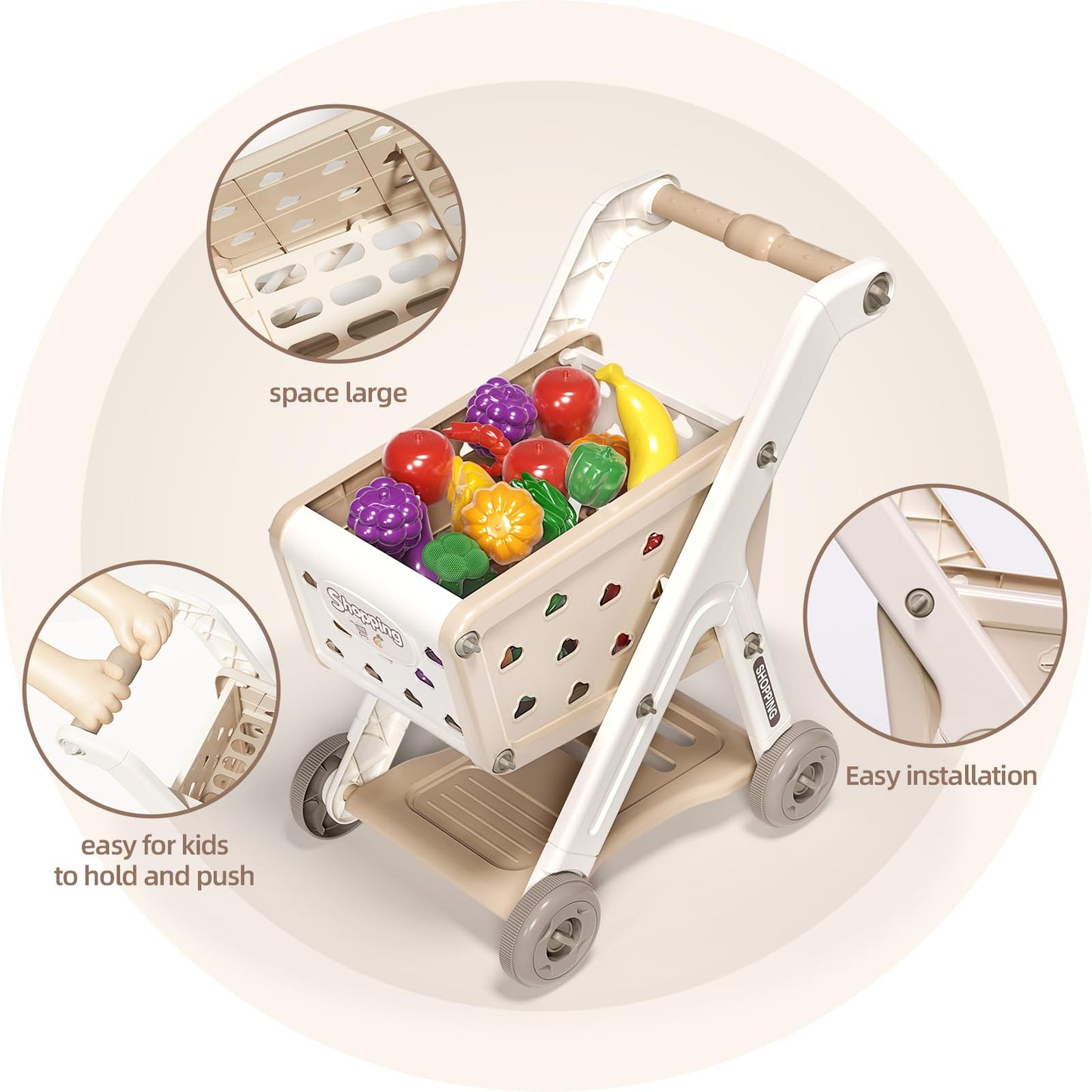 Jovow 102pcs Kids Shopping Cart Trolley Play Set with Pretend Food and Accessories – Ages 3+ (Khaki)