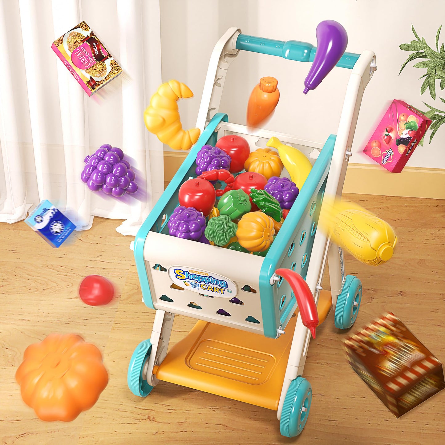 Jovow 102pcs Kids Shopping Cart Play Set with Pretend Food – Ages 3+
