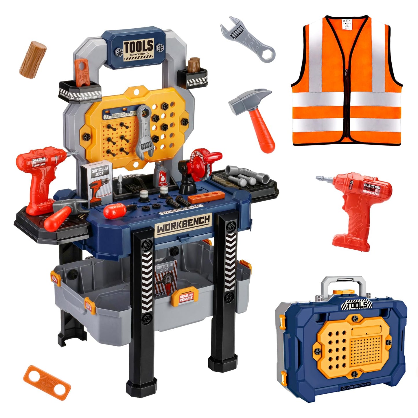 Jovow Kids Tool Bench with Realistic Tools & Electric Drill – 79 Pcs, Portable Toy Workbench for Ages 3-5
