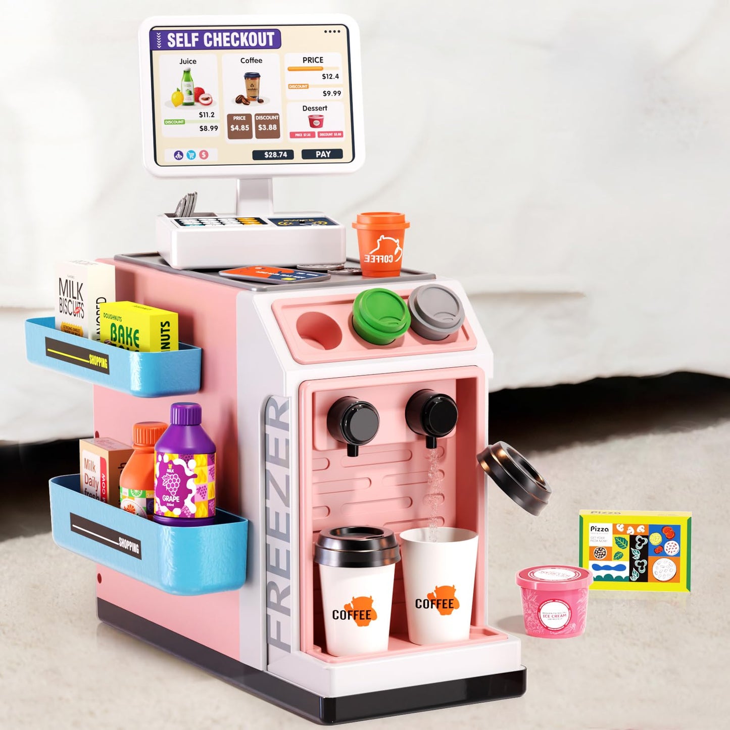 Jovow 48-Piece Pretend Play Cash Register Set with Water Outlet — 2-in-1 Grocery & Coffee Shop (Pink), Ages 3+